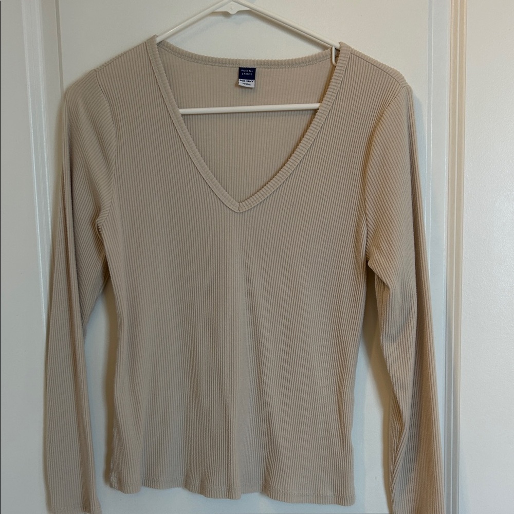 Old Navy Ribbed V-Neck Long Sleeve Top - Beige